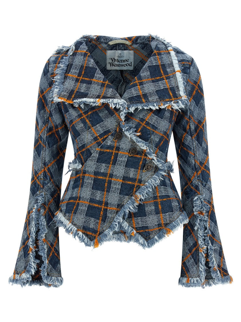 Vivienne Westwood Jacquard Tartan Denim Blazer With Asymmetrical Design And Frayed Edges