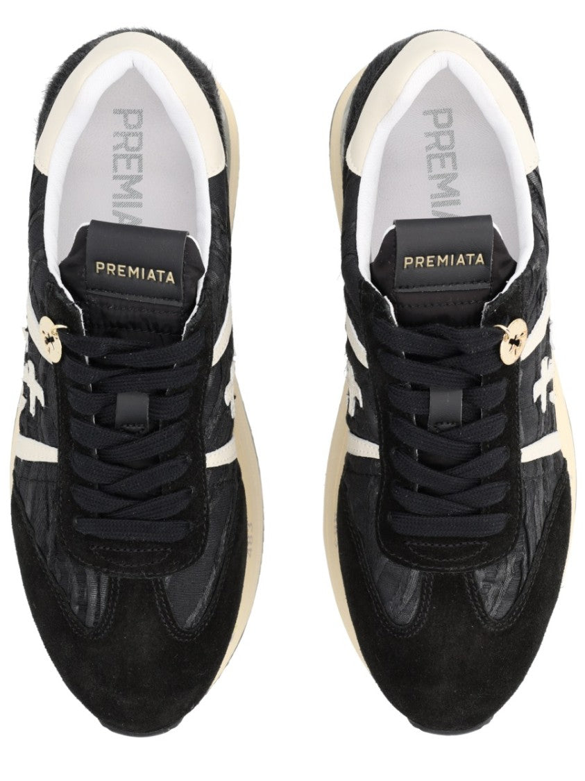 Premiata Chunky Black Leather Sneakers With Cream Sole And Gold Charm