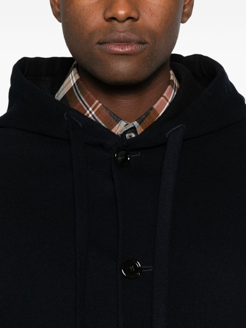 Lardini Classic Black Virgin Wool Coat With Hood And Front Button Fastening