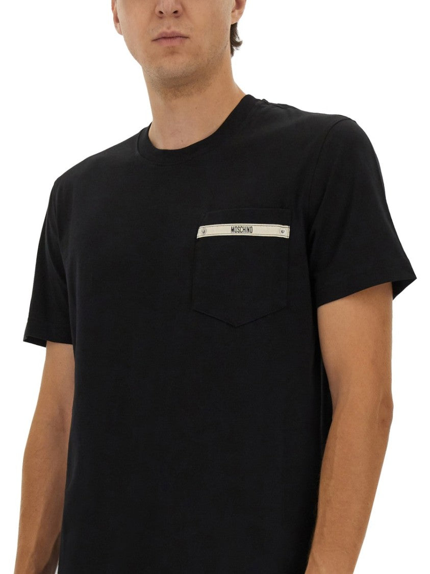 Moschino Logo Ribbon Pocket T-Shirt In Black Cotton