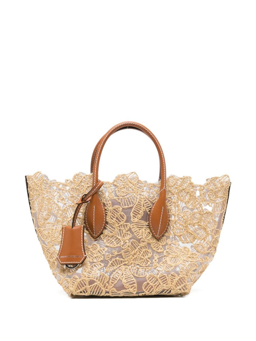 Ermanno Scervino Beige Shopper Tote With Lace Floral Embroidery And Leather Accents