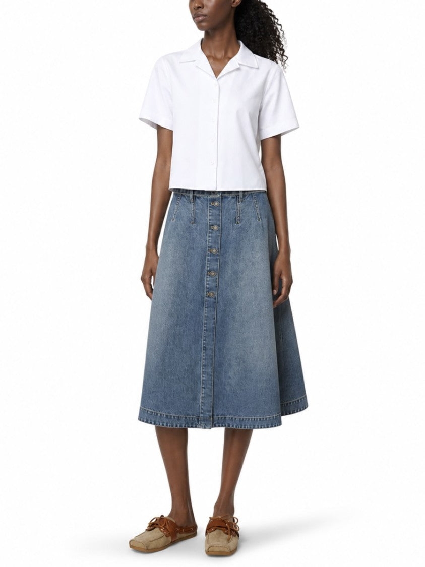 Dior A-Line Midi Denim Skirt With Button Closure And Matching Belt