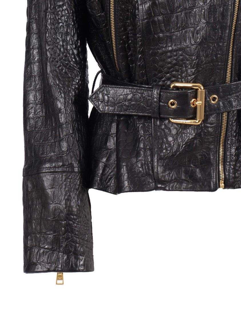Elisabetta Franchi Textured Sheepskin Leather Jacket With Asymmetrical Zipper