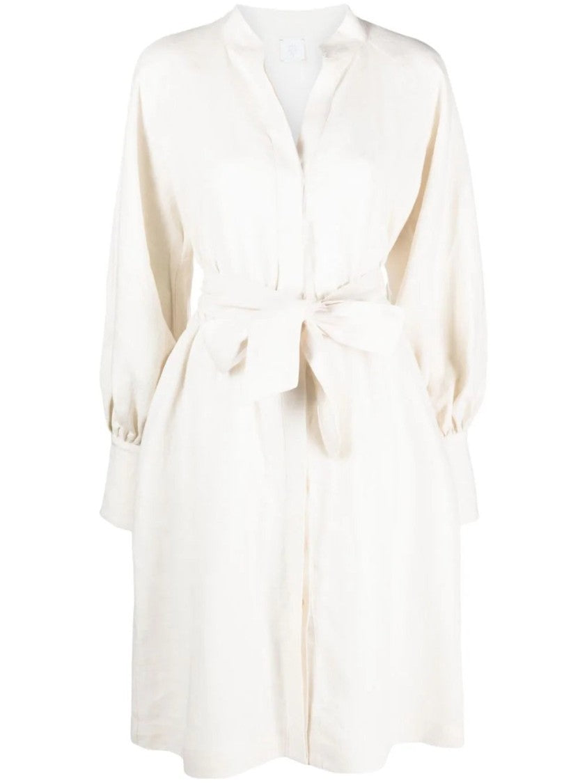 Eleventy Beige Midi Dress With Puff Sleeves And V-Neckline