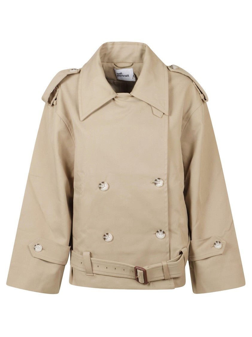 Self-Portrait Beige Double-Breasted Jacket With High Collar And Epaulettes