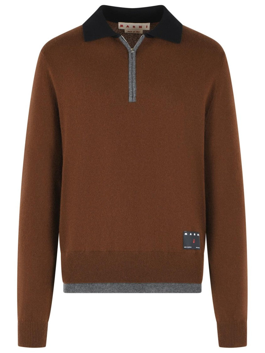 Marni Brown Cashmere Polo Shirt With Ribbed Collar