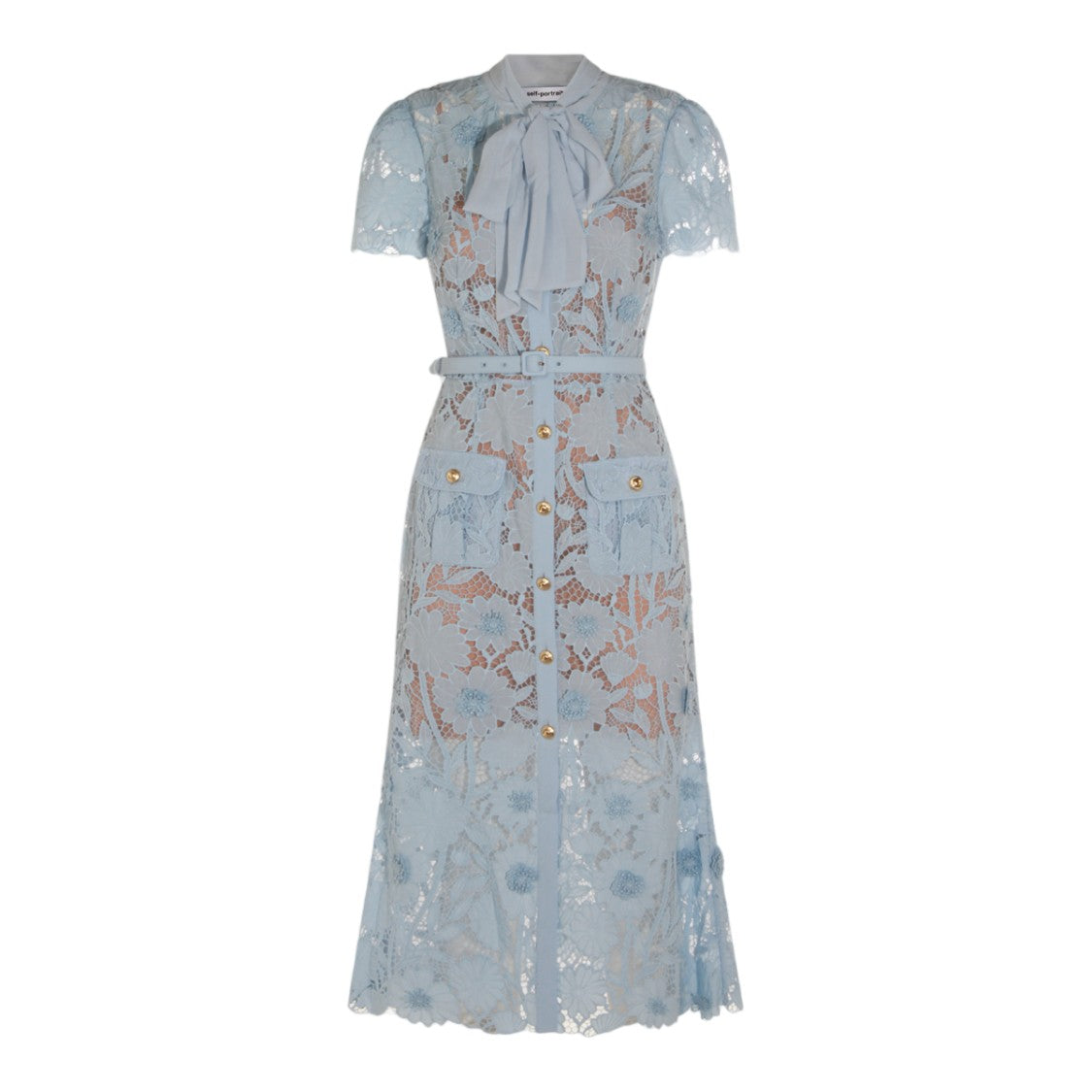 Self-Portrait Delicate Lace Midi Dress With Floral Patterns And Bow Tie Detail
