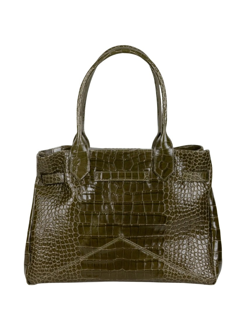 Ballantyne Medium Brown Cowhide Leather Shoulder Bag With Embossed Crocodile Pattern