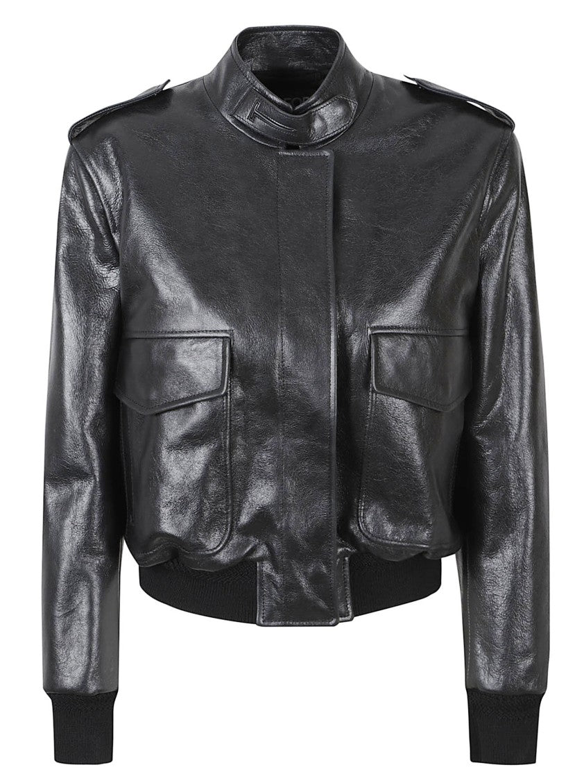 Tom Ford Cropped Black Lamb Leather Jacket With High Collar