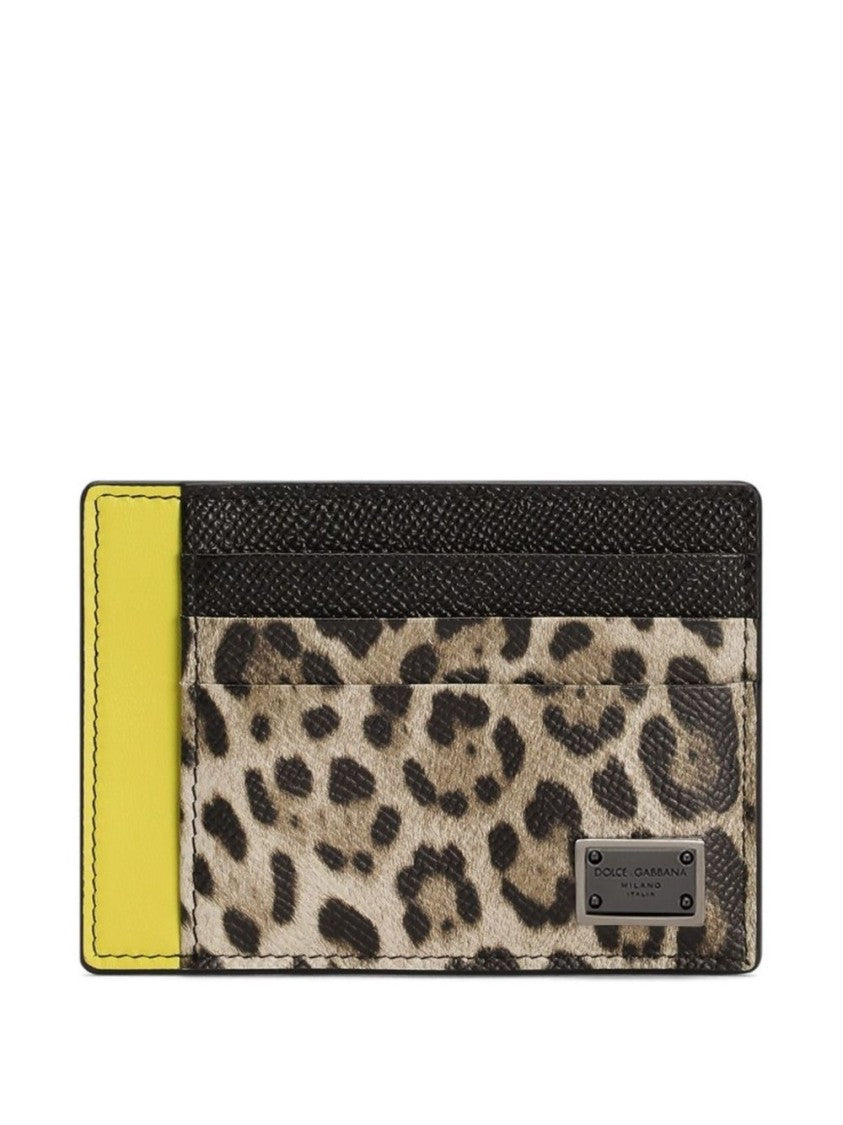 Dolce & Gabbana Leopard Print Card Holder With Logo Plaque And Yellow Accent