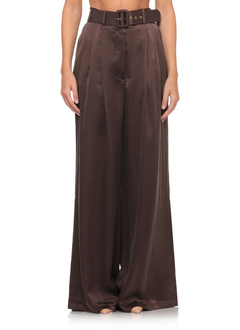 Zimmermann High-Waist Brown Silk Trousers With Pleated Front