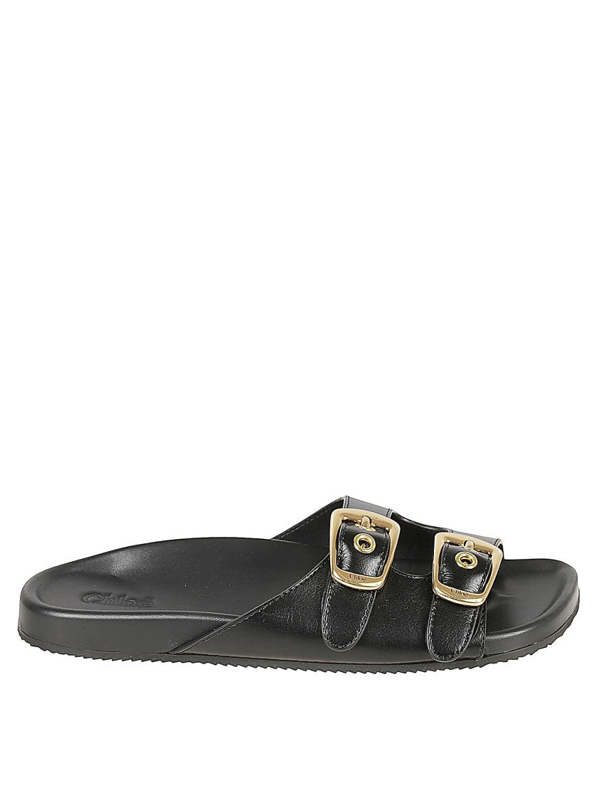 Chloé Contoured Black Leather Sandals With Gold-Tone Buckles
