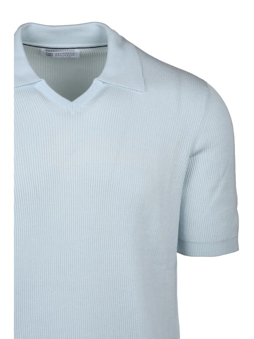 Brunello Cucinelli Light Blue Short-Sleeve Ribbed Cotton Sweater
