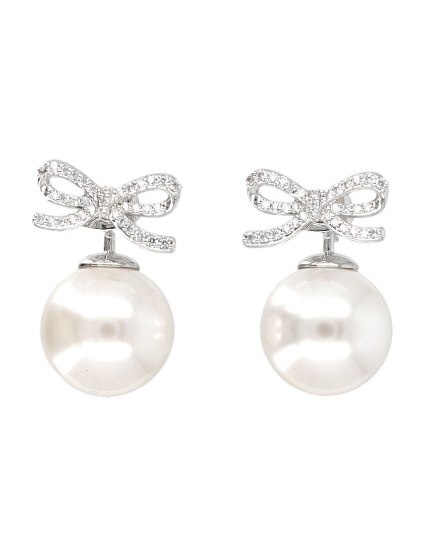 Self-Portrait Silver Crystal Bow Pearl Earrings