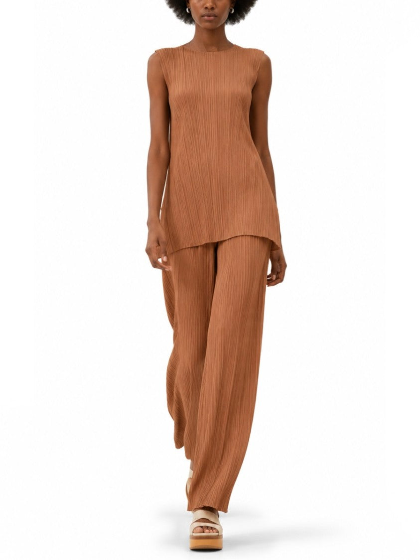 Pleats Please Issey Miyake Neutrals Plissettata Notch Round Neck Tank Top