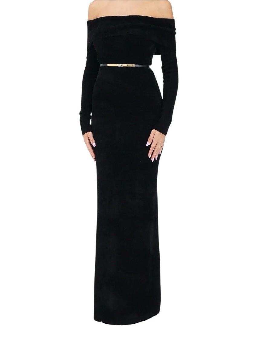 Elisabetta Franchi Floor-Length Chenille Dress With Off-The-Shoulder Neckline