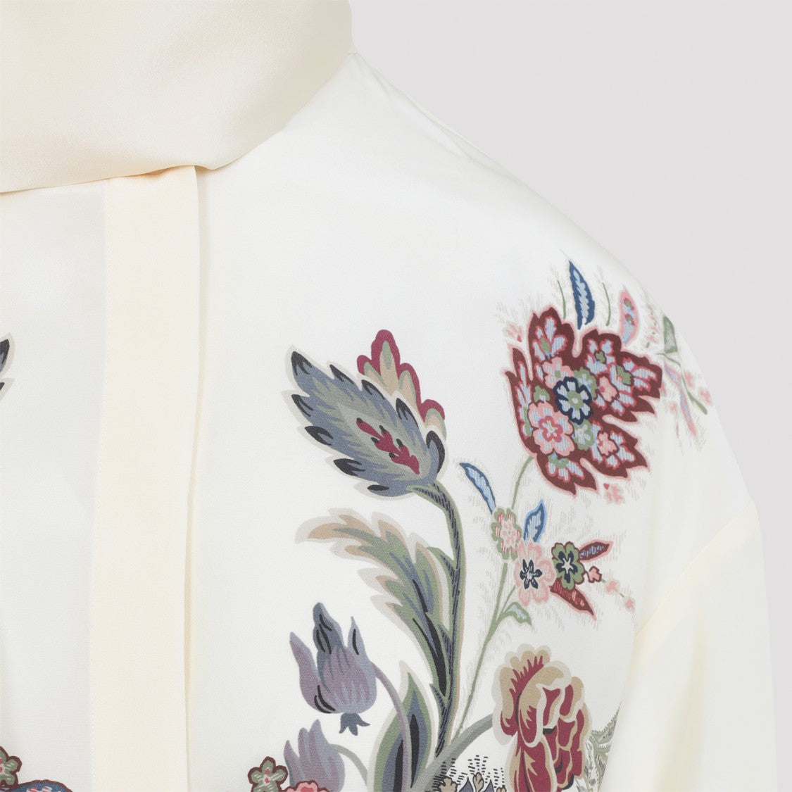 Etro Floral Printed Silk Shirt With Stand-Up Scarfed Collar