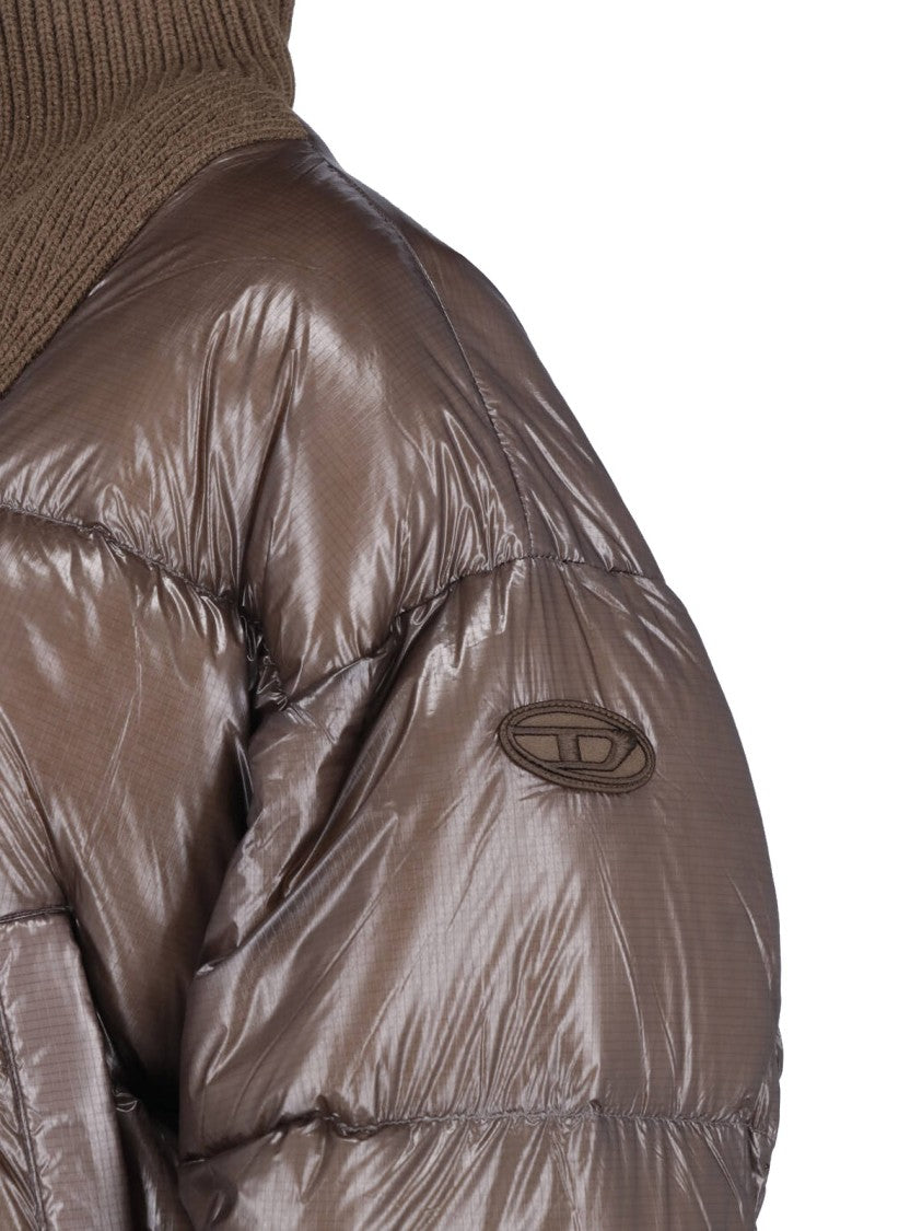 Diesel Cropped Brown Puffer Jacket With Ribbed Knit Collar And Embroidered Detail