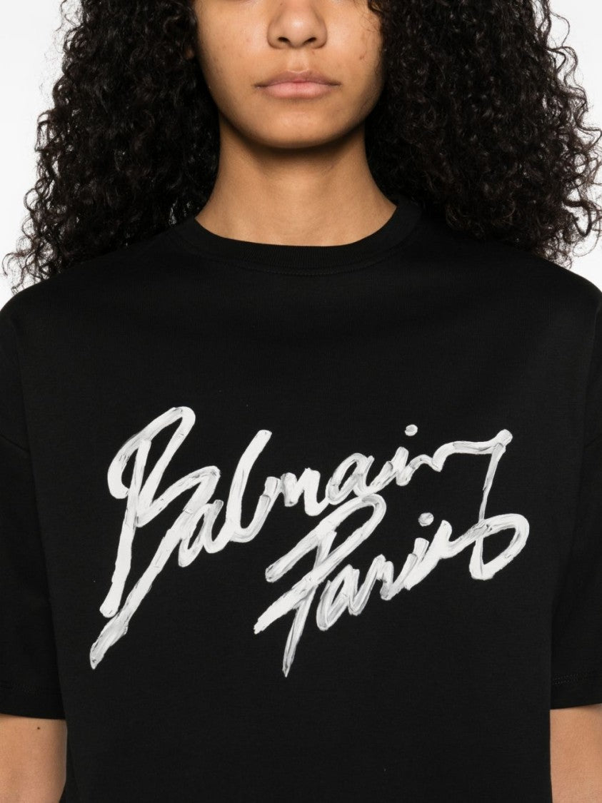 Balmain Cropped Black T-Shirt With Bold White Logo