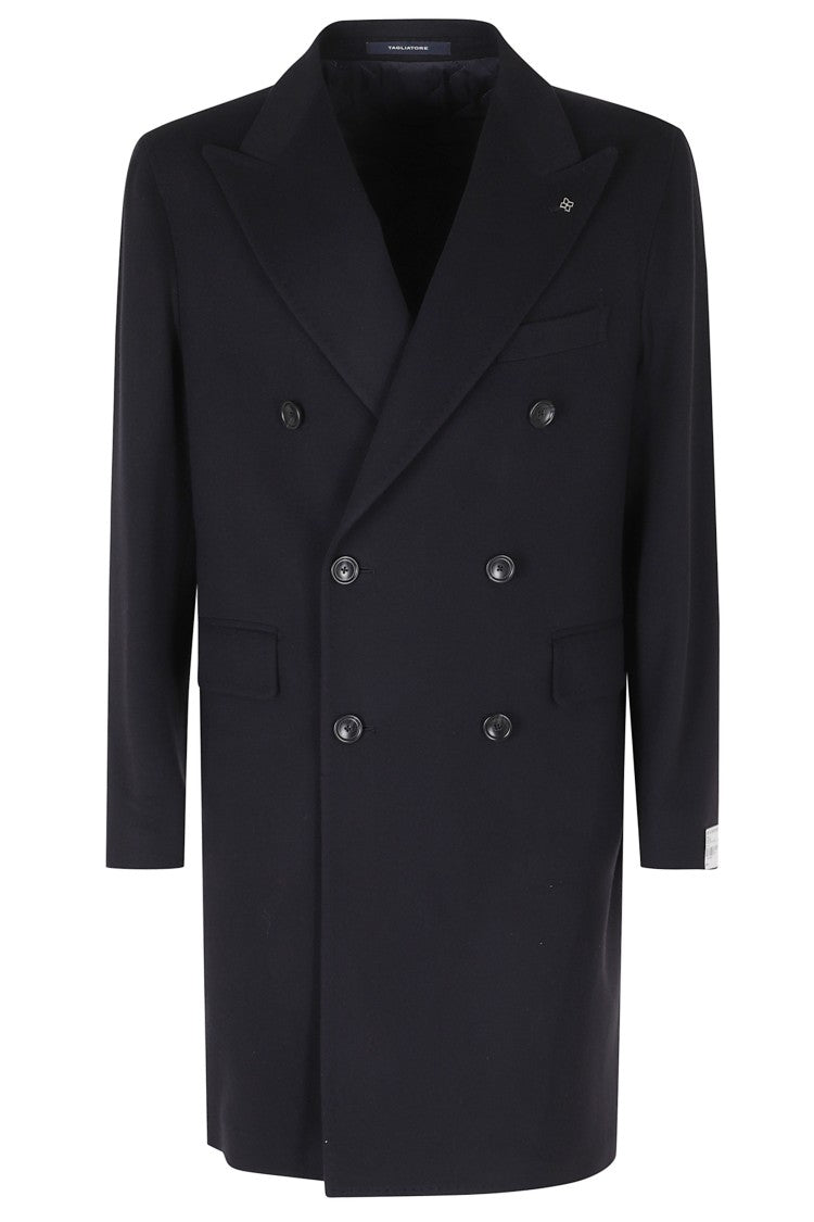Tagliatore Blue Double-Breasted Silver Embellishment Wool-Blend Coat