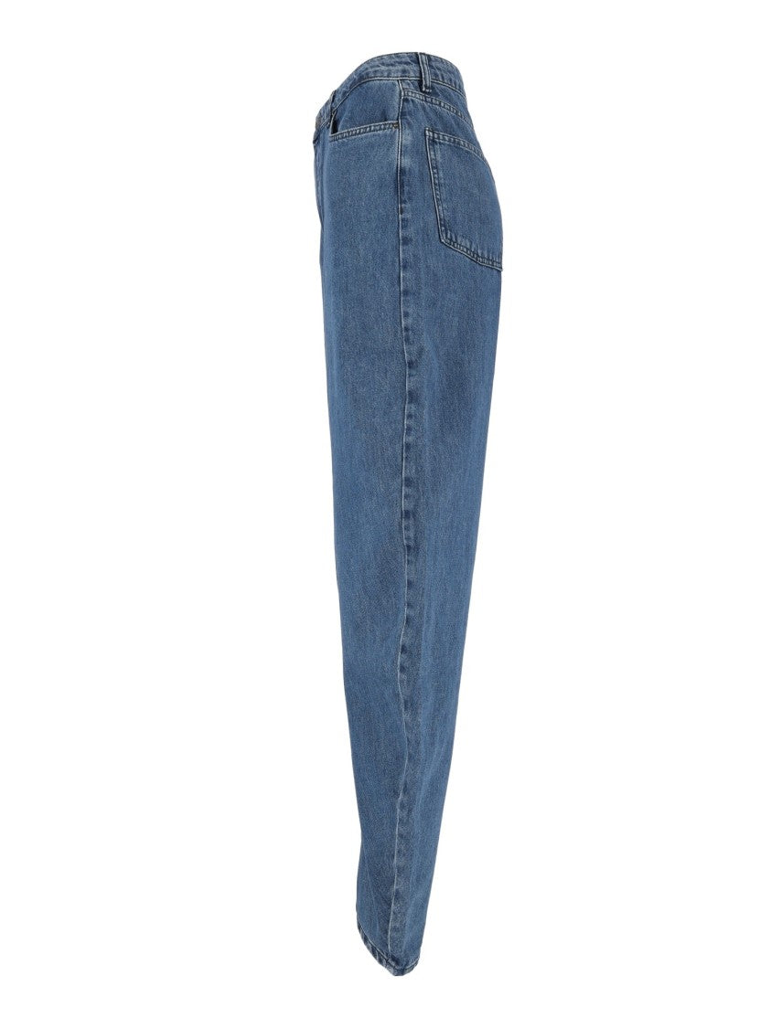 Rotate Medium Blue Regular-Fit Denim Draped Barrel-Leg Jeans