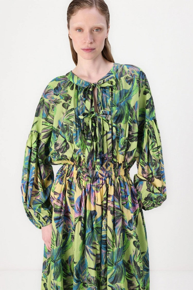 Pinko Green Tropical Leaf Print Tie-Neck Cotton Maxi Dress