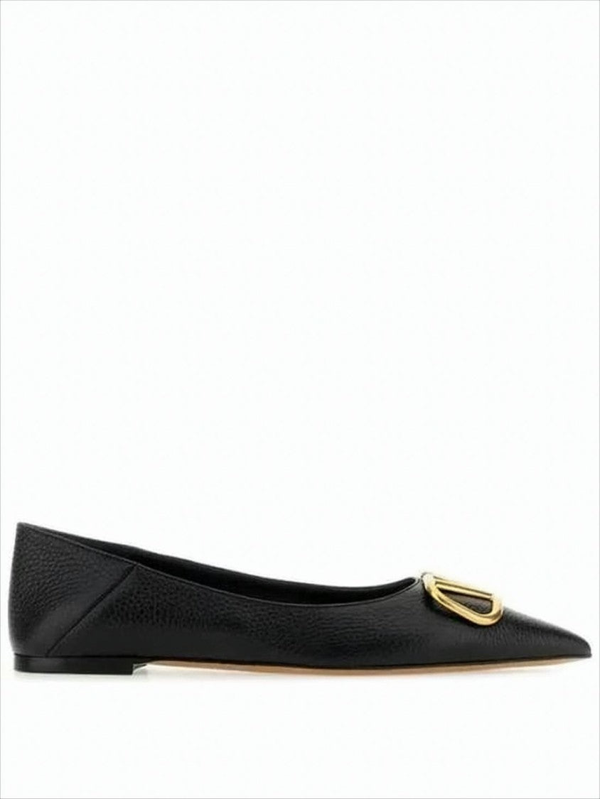 Valentino Garavani Textured Leather Flat Shoes With Gold-Tone Logo Detail