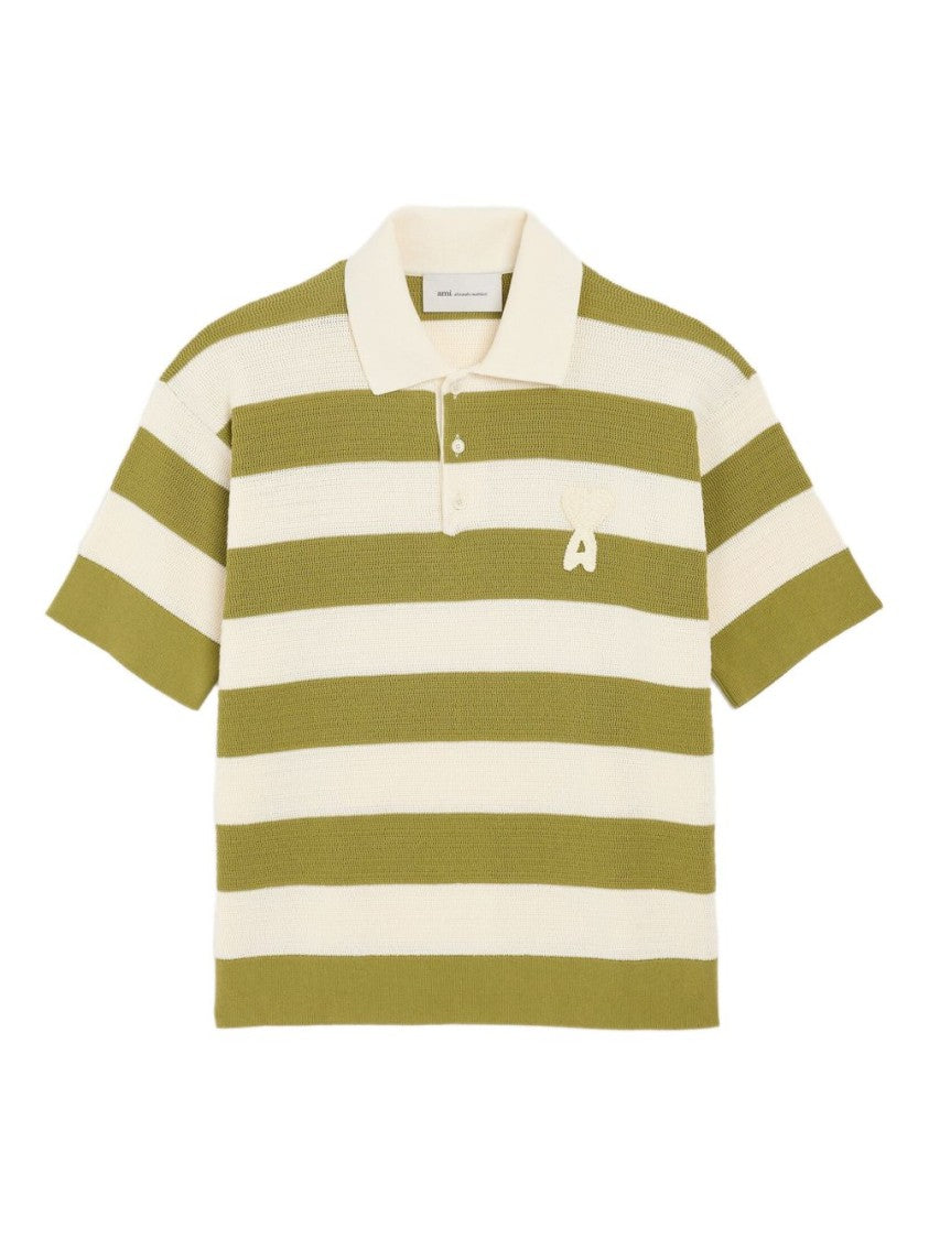 Ami Paris White Cream Striped Logo Detail Polo