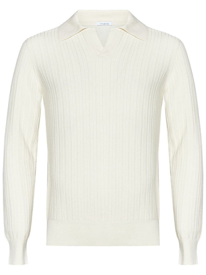 Malo Long-Sleeved Herringbone Stitch Polo Sweater