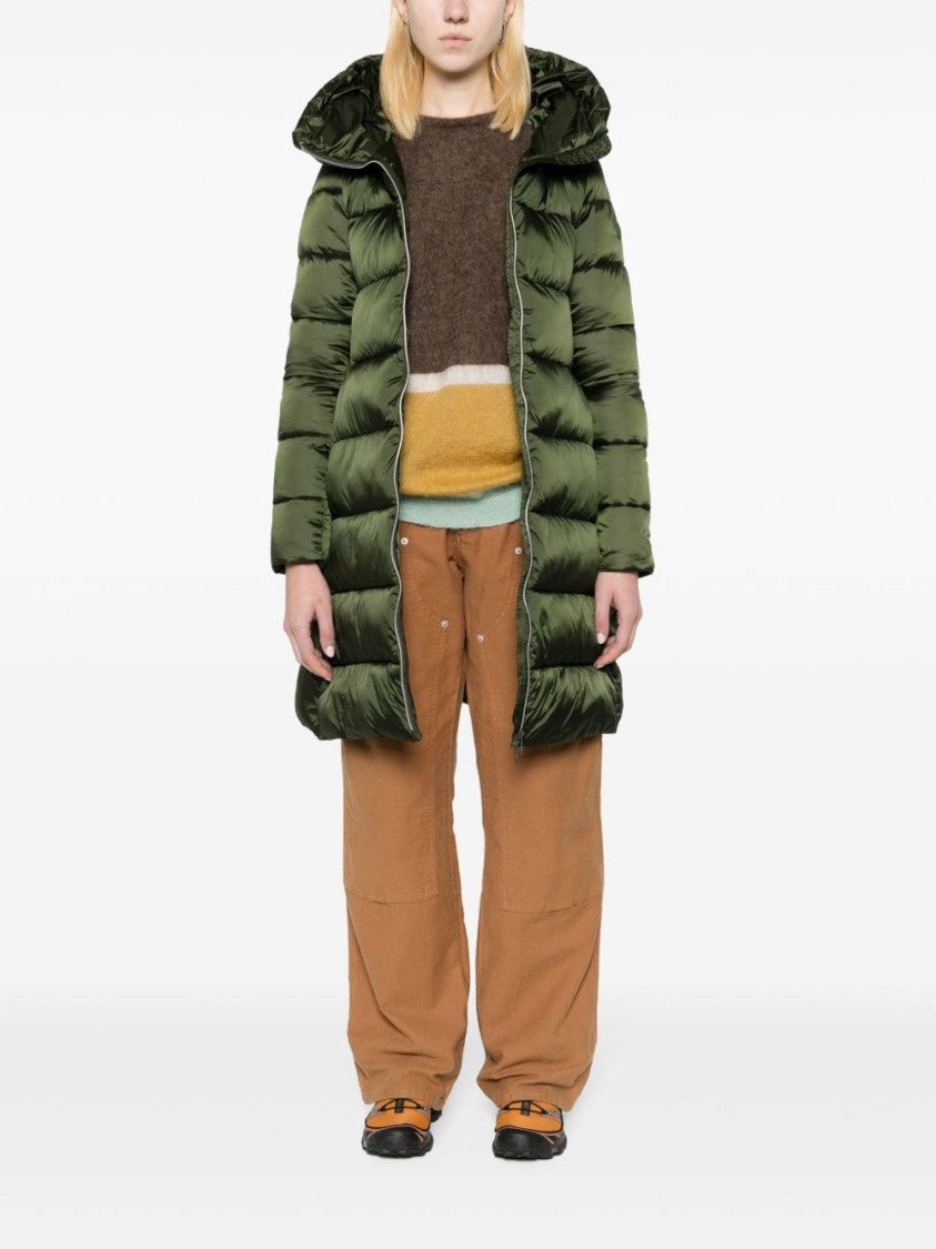 Save The Duck Dark Green Padded Coat With Appliqué Logo And Two-Way Zip