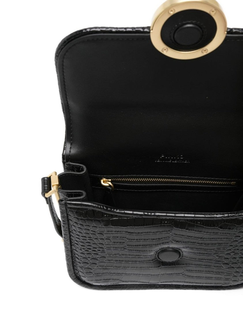 Pinko Compact Black Bag With Textured Crocodile Finish