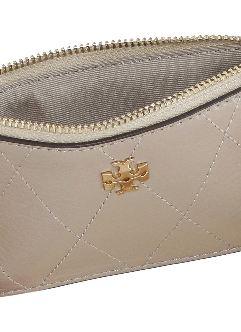 Tory Burch Beige Quilted Leather Gold Logo Card Holder