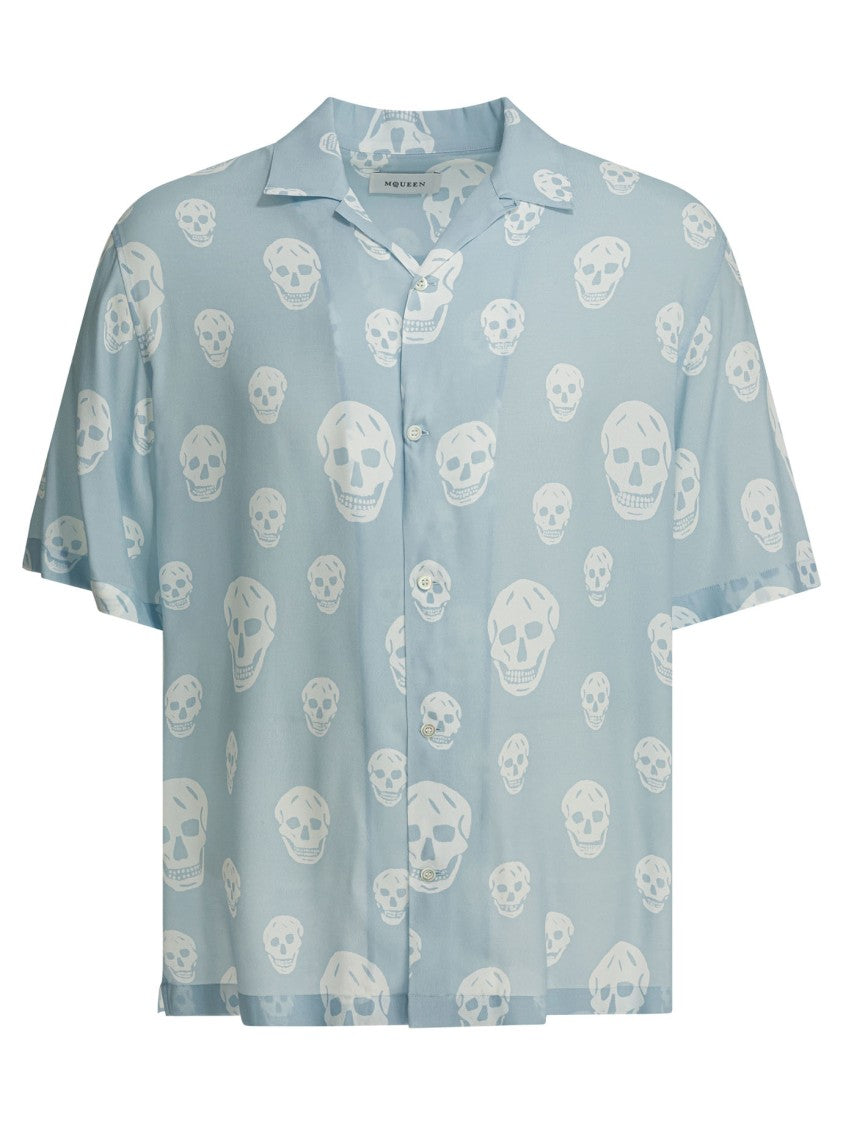 Alexander Mcqueen Light Blue Short-Sleeve Shirt With Iconic Skull Print