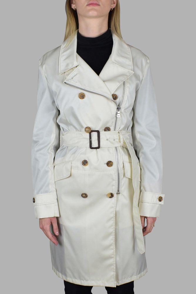 Prada Double-Breasted Off-White Nylon Coat With Adjustable Belt