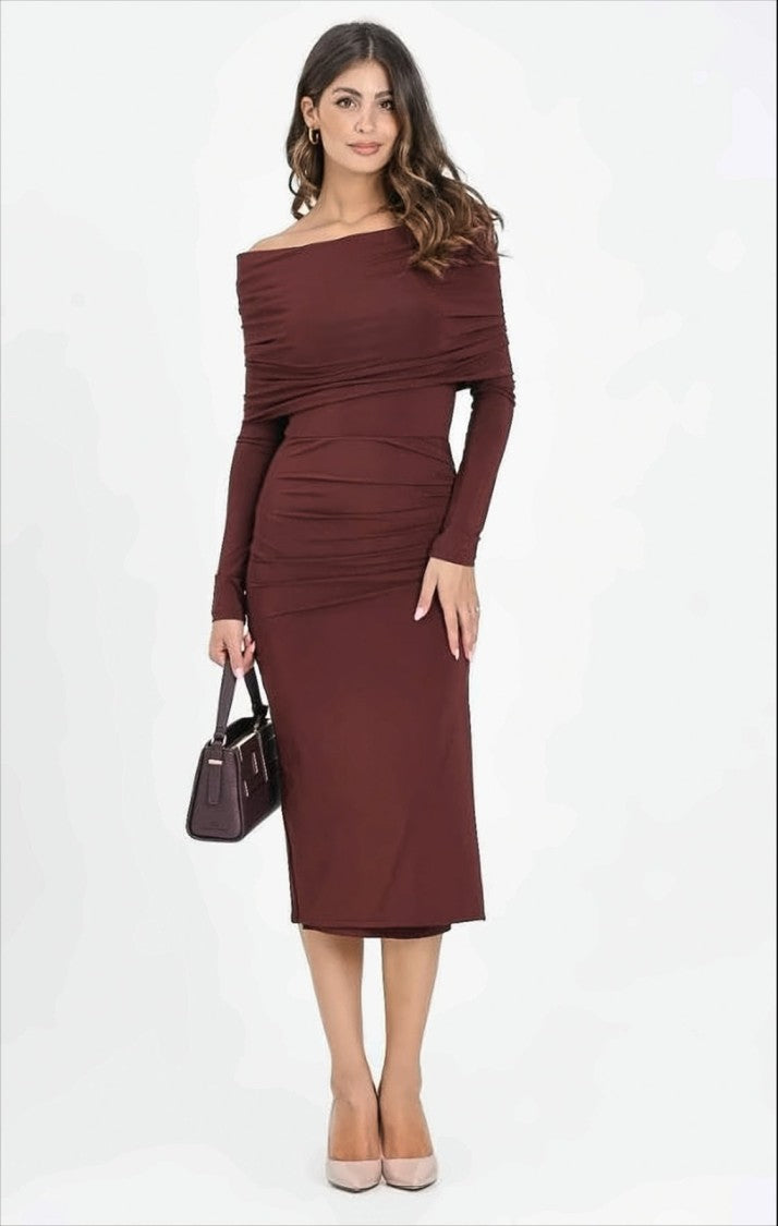 Max Mara Burgundy Jersey Midi Dress With Asymmetrical Gathering