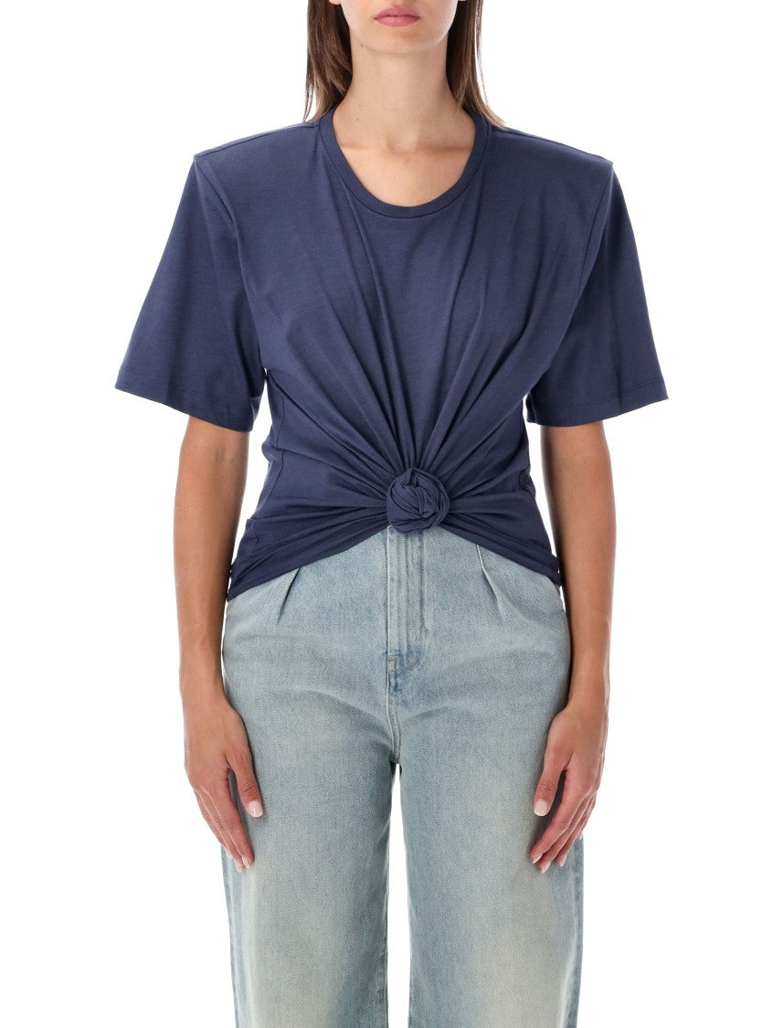 Magda Butrym Front Knot Draped Blue T-Shirt With Removable Shoulder Pads