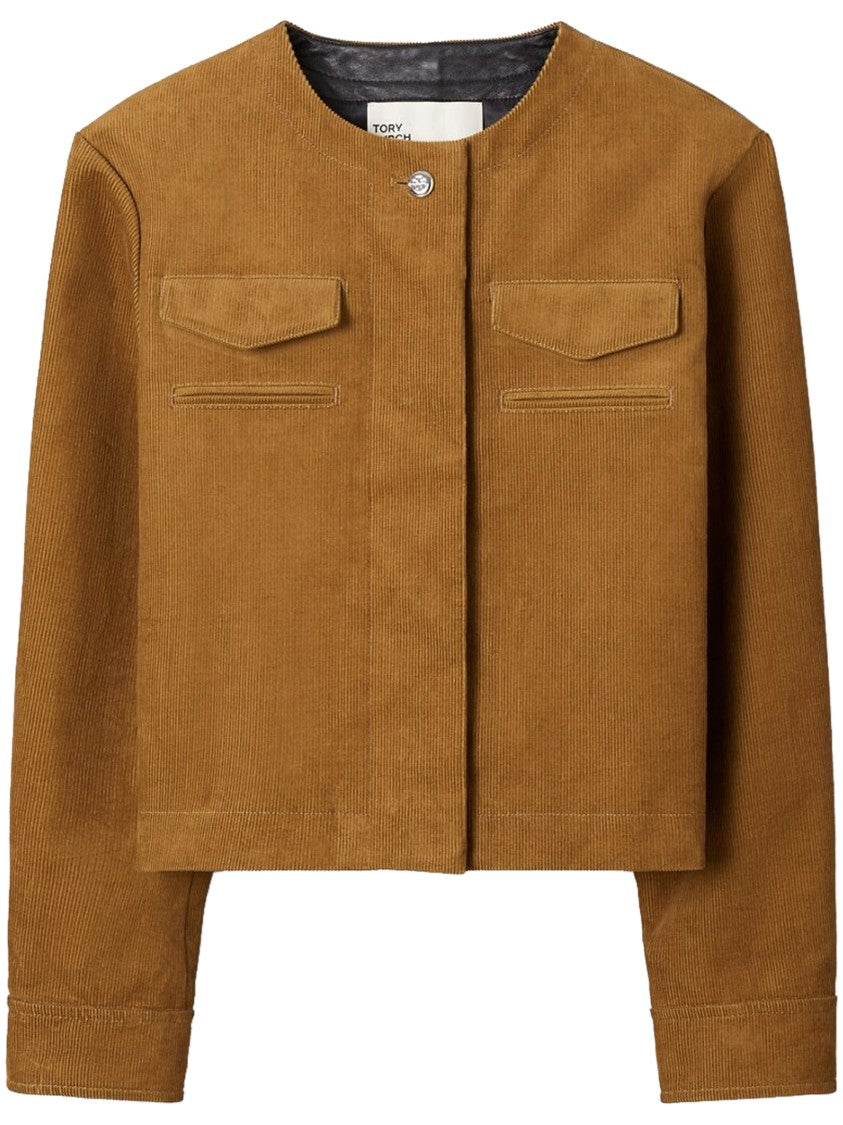 Tory Burch Structured Cropped Corduroy Flap Pocket Jacket