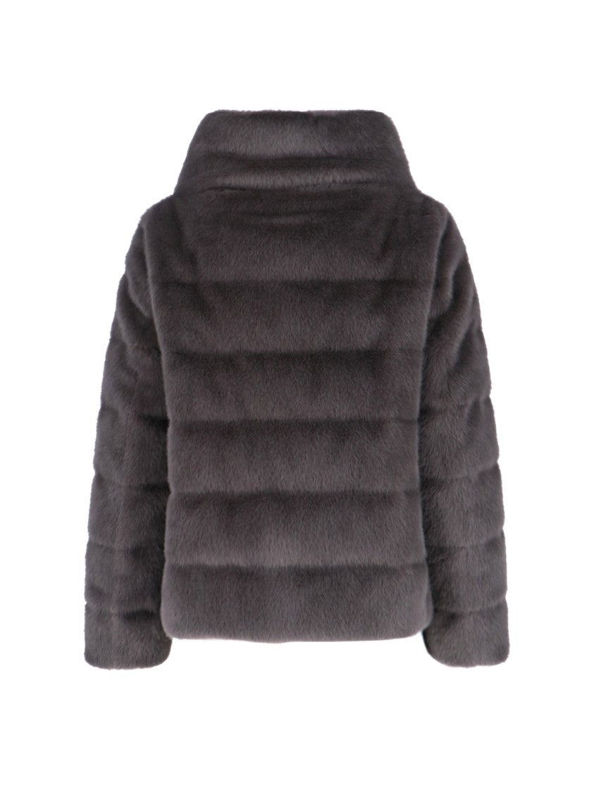 Herno Quilted High-Collar Grey Faux Fur Coat