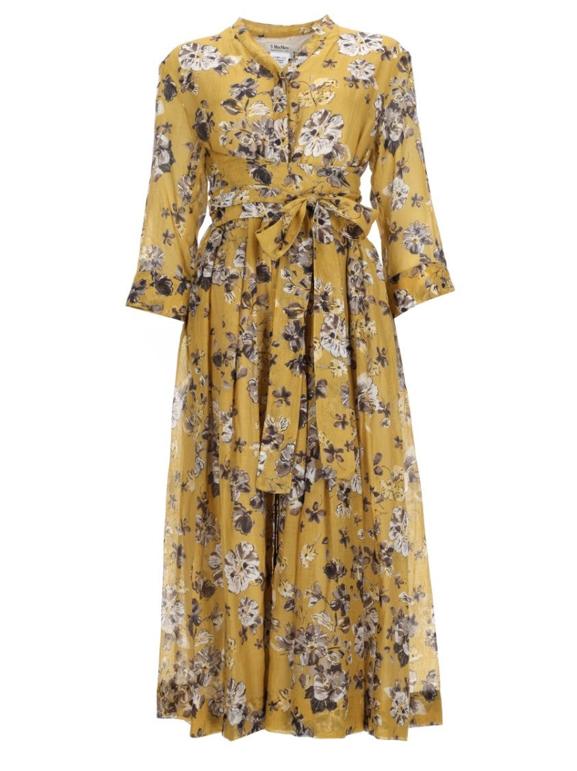 Max Mara Floral Midi Dress With Fitted Waist And Bow Belt