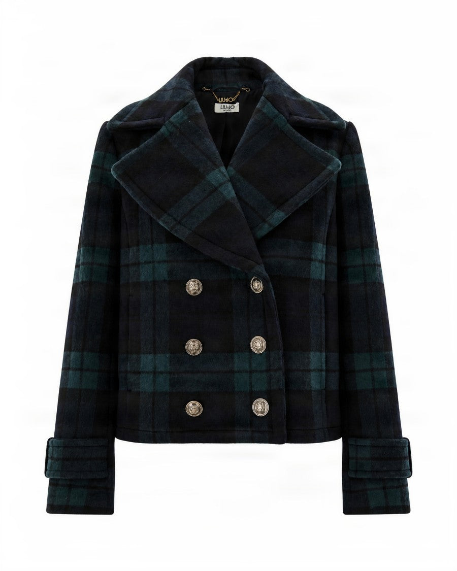 Liu Jo Cropped Double-Breasted Coat With Checkered Pattern And Notched Lapel