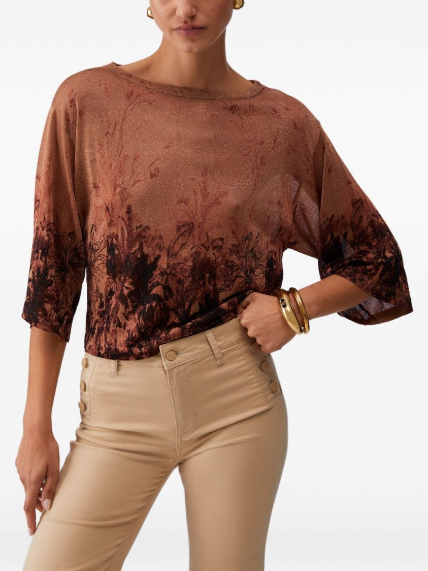 Liu Jo Brown Floral Print Crewneck Sweater
