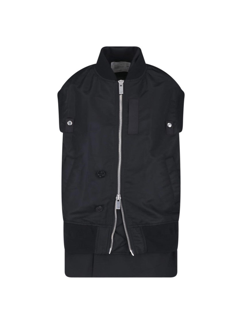 Sacai Layered Black Nylon Twill Vest With Double Breasted Design
