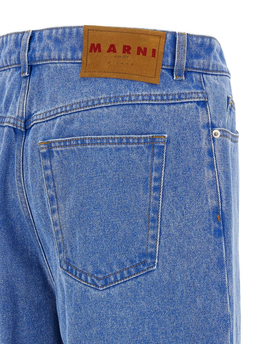 Marni Wide-Leg Pleat Jeans With Contrast Stitching And Suede Logo