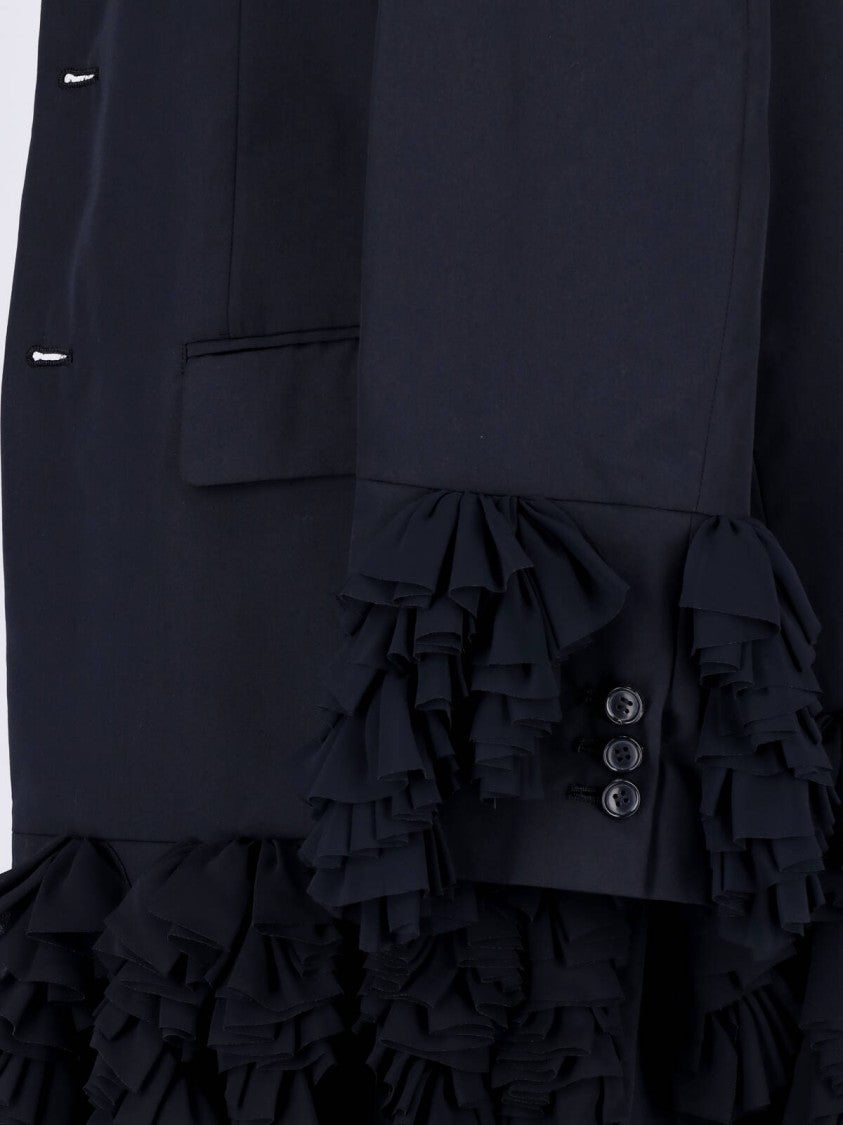 Comme Des Garçons Long Black Blazer With Ruffled Accents And Classic Lapel