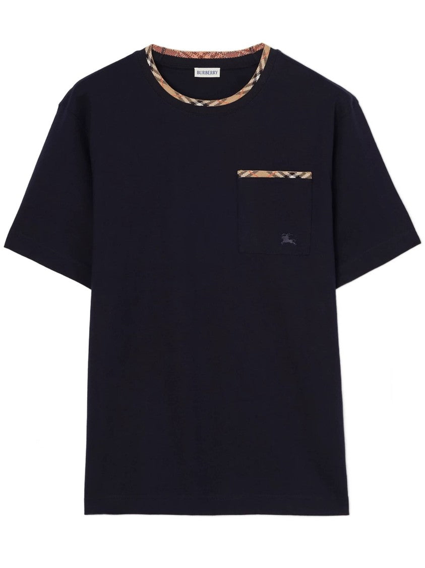 Burberry Solid Black T-Shirt With Checkered Trim Details
