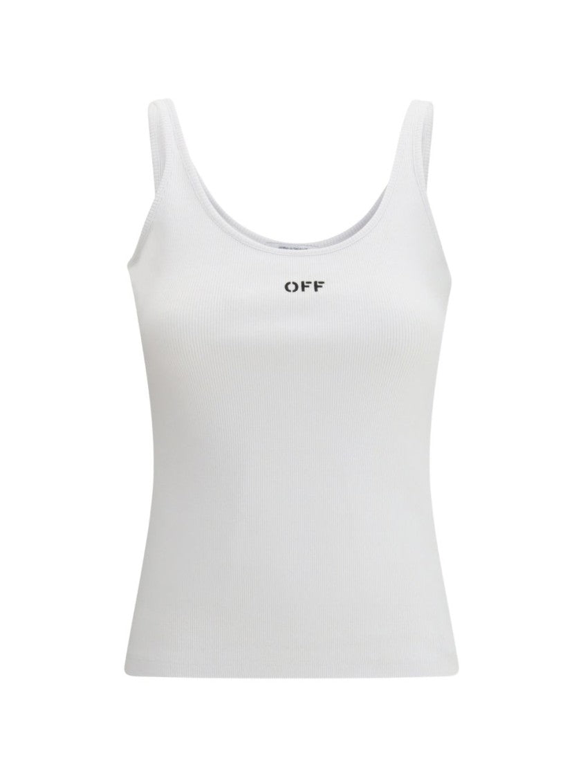 Off-White Scoop Neck Slim Fit Top With Ribbed Texture And Stamp Detail