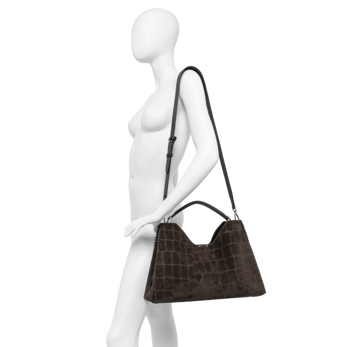 Gianni Chiarini Coffee Aurora Croc-Print Suede Bag