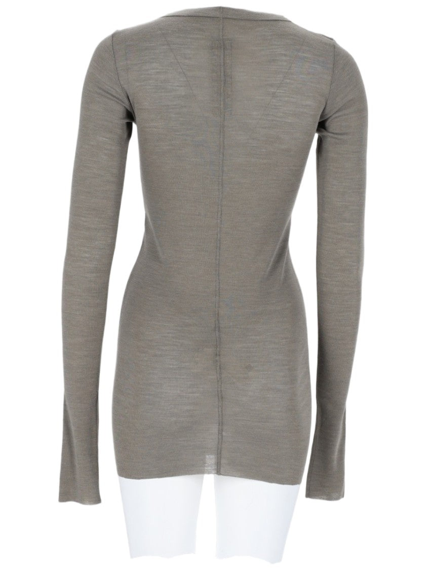 Rick Owens Long-Sleeved Fitted Taupe Wool-Silk Top