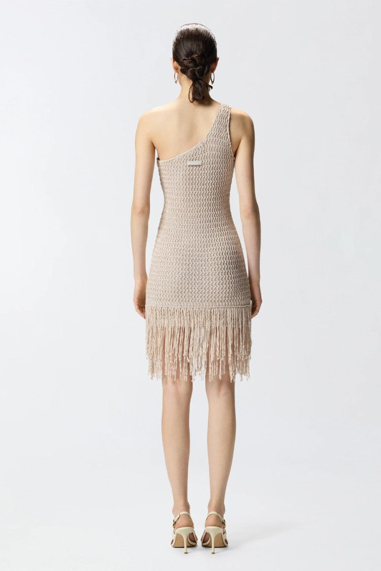Pinko Grey Juniperos One-Shoulder Fringed Viscose-Blend Mini Dress