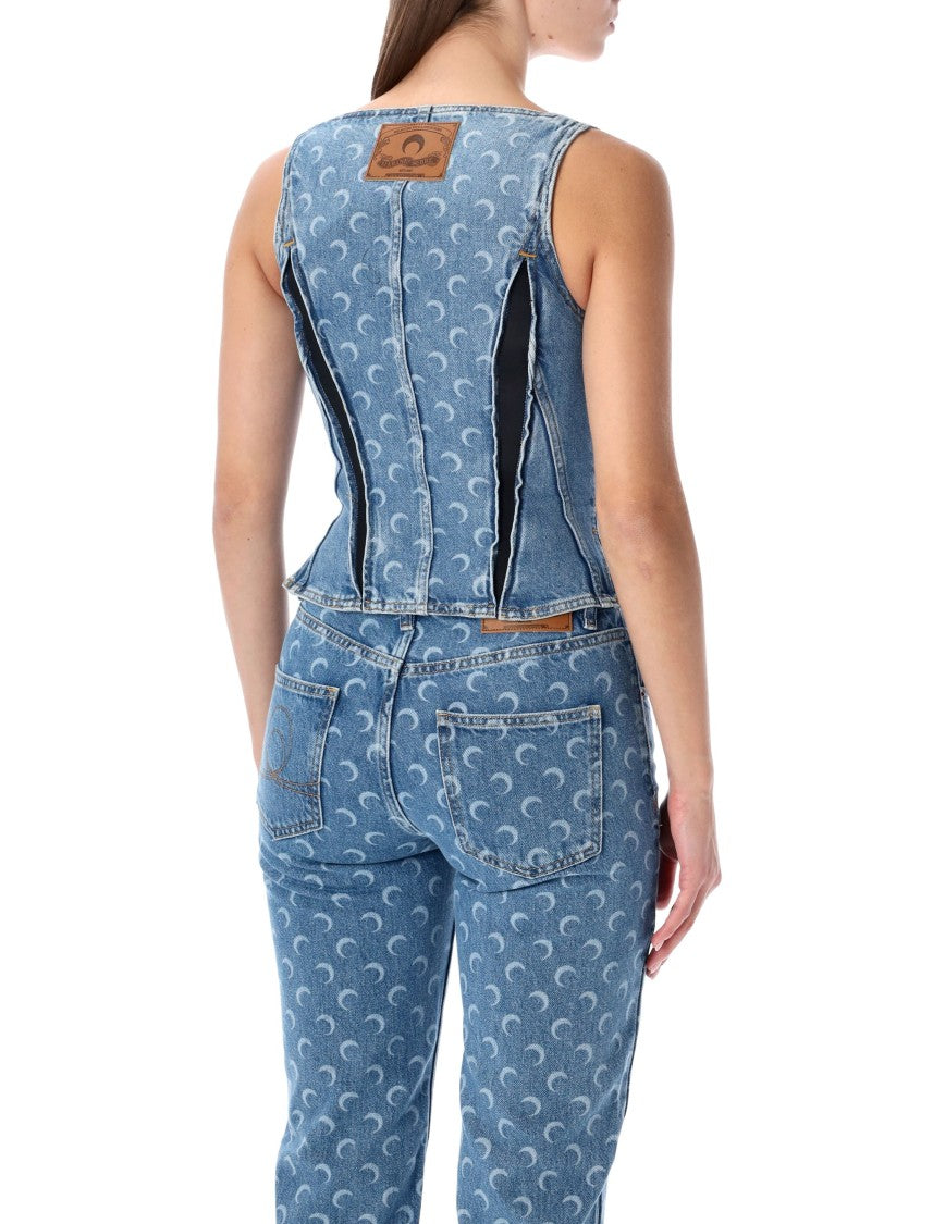 Marine Serre Blue Moon Allover Denim Bustier Top